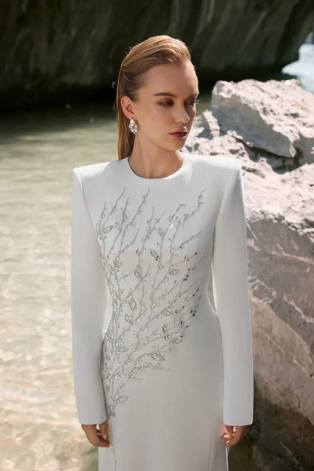 Padded Shoulder Crystal Embellished Straight Dress